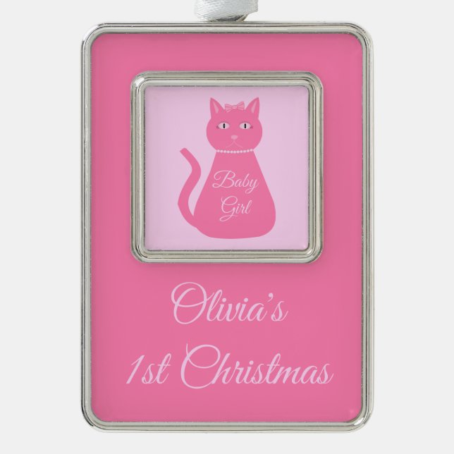 Hübsch Pink Baby Girl Cat Custom 1. Weihnachten Rahmen-Ornament Silber (Vorderseite)