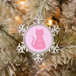 Hübsch Pink Baby Girl Cat Custom First Christmas Schneeflocken Zinn-Ornament