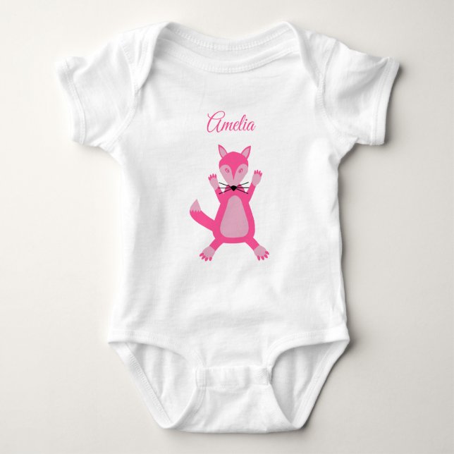 Hübsch Pink Baby Girl Fox Individuelle Name Strampler (Vorderseite)