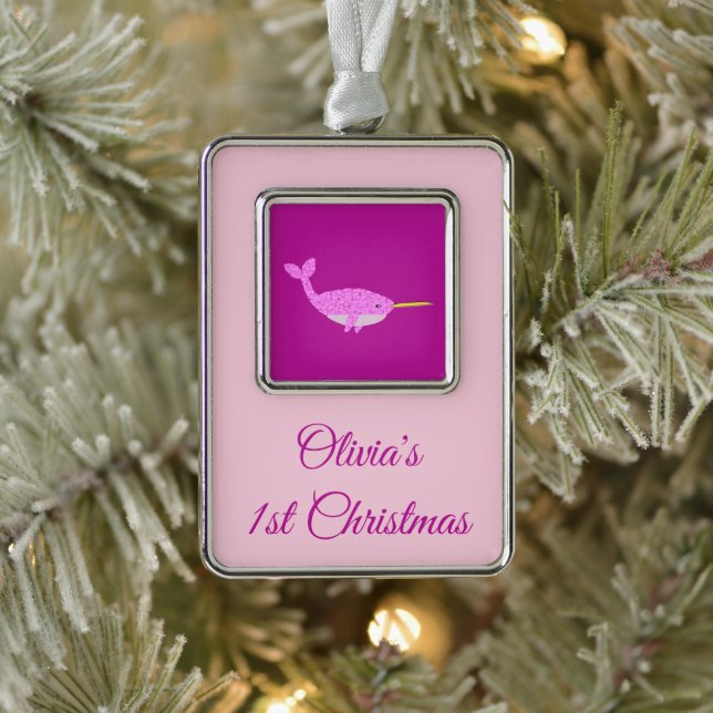 Hübsch Pink Baby Girl Narwhal 1. Weihnachtsnachtsn Rahmen-Ornament Silber (Baum)