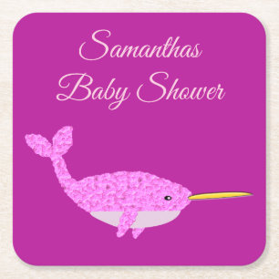 Hübsch Pink Baby Girl Narwhal Baby Dusche nach Maß Rechteckiger Pappuntersetzer