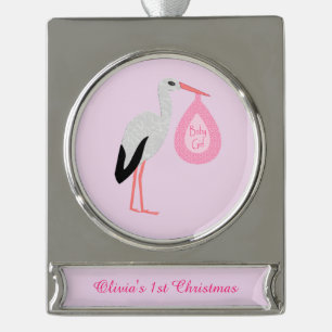 Hübsch Pink Baby Girl Storch Erste Weihnachtsfeier Banner-Ornament Silber