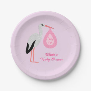 Hübsch Pink baby Girl Stork Baby Dusche nach Maß Pappteller