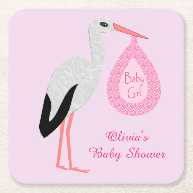 Hübsch Pink Baby Girl Stork Baby Dusche nach Maß Rechteckiger Pappuntersetzer (Vorderseite)