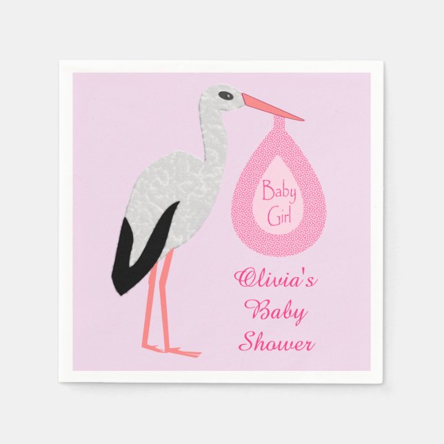 Hübsch Pink Baby Girl Stork Baby Dusche nach Maß Serviette (Vorderseite)