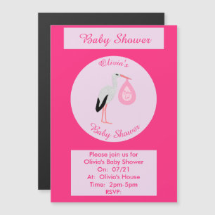 Hübsch Pink Baby Girl Stork Custom Baby Dusche Magneteinladung