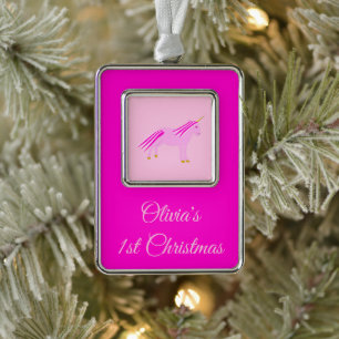 Hübsch Pink Baby Girl Unicorn Custom 1. Weihnachte Rahmen-Ornament Silber