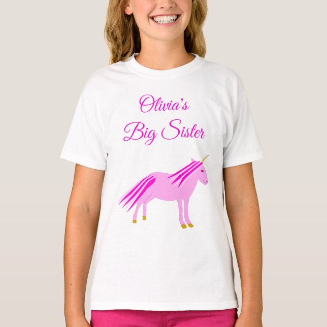 Hübsch Pink Baby Girl Unicorn Custom Big Sister T-Shirt (Vorderseite)