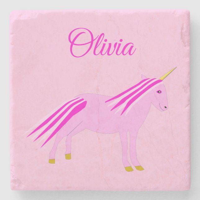 Hübsch Pink Baby Girl Unicorn Individuelle Name Steinuntersetzer (Vorderseite)