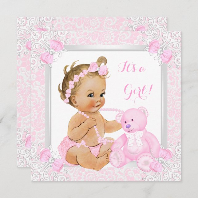 Hübsch Pink Baby Shower Girl Lace Bear Blonde Baby Einladung (Vorne/Hinten)
