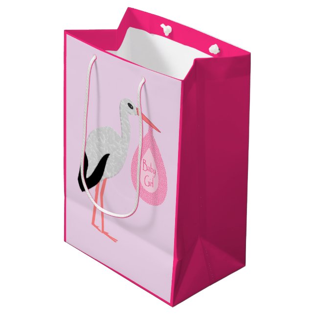 Hübsch Pink Baby Storch Mittlere Geschenktüte (Vorderseite Schrägansicht)