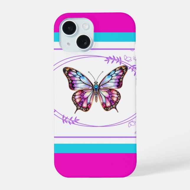Hübsch Pink & Blue Butterfly iPhone 15 Fall iPhone 15 Hülle (Rückseite)
