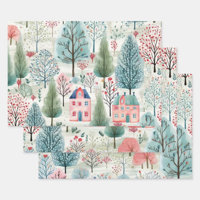 Hübsch Pink Blue Green Village Trees Geschenkpapier Set (Set)