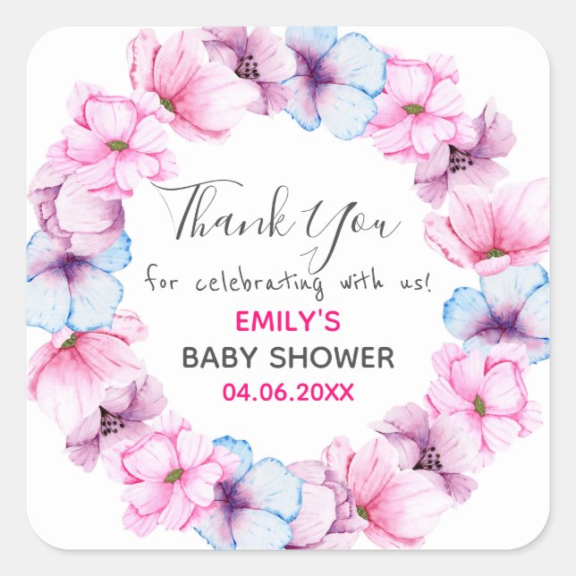 Hübsch Pink Blumenstrauß Dankeschön Kinderdusche Quadratischer Aufkleber (Vorderseite)