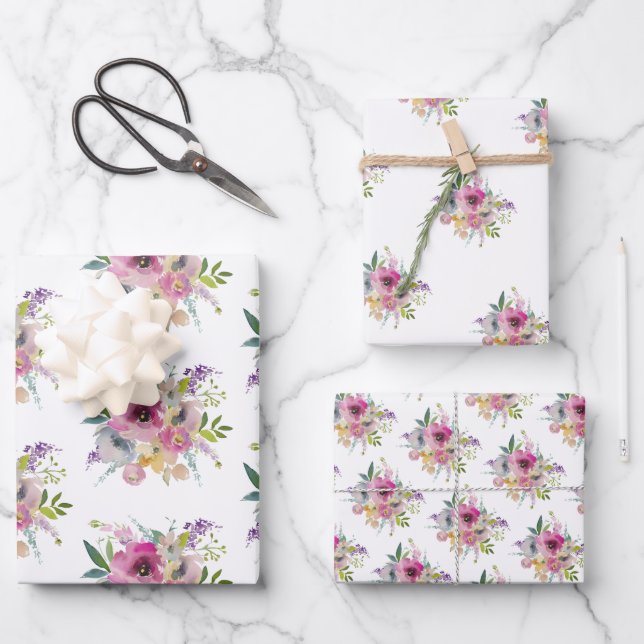 Hübsch Pink Boho Floral Bouquet Geschenkpapier Set (Vorderseite)