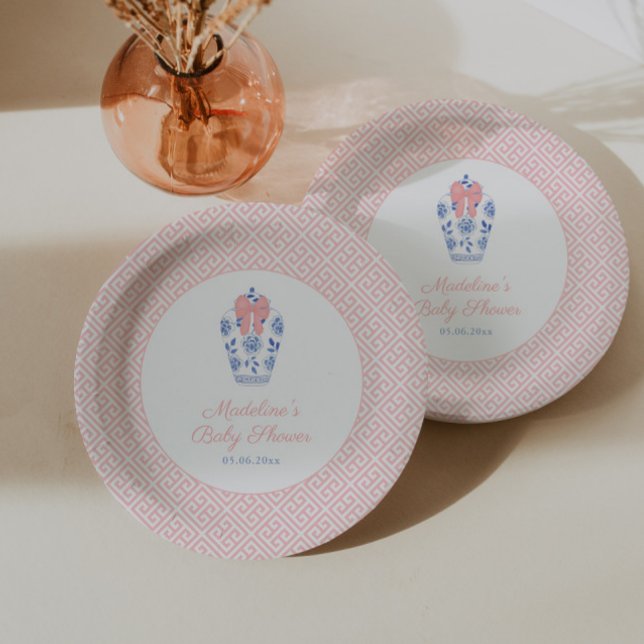 Hübsch Pink Bow Ginger Jar Girl Baby Duschkabine P Pappteller (Chinoiserie Chic baby girl shower paper plates featuring watercolor ginger jar with pink bow)