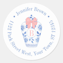 Hübsch Pink Bow Ginger Jar Monogram Rücksendeadres Runder Aufkleber