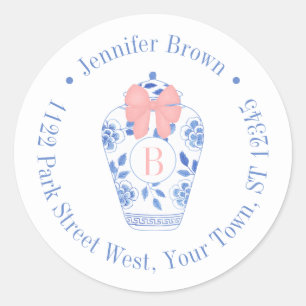 Hübsch Pink Bow Ginger Jar Monogram Rücksendeadres Runder Aufkleber