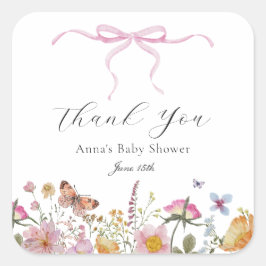Hübsch Pink Bow Wildblume Baby Dusche Gefallen Tag Quadratischer Aufkleber