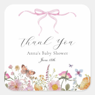 Hübsch Pink Bow Wildblume Baby Dusche Gefallen Tag Quadratischer Aufkleber