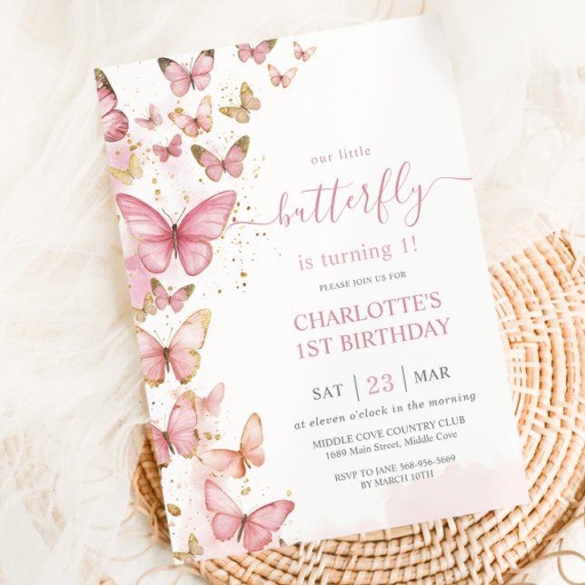Hübsch Pink Butterflies Girl 1. Geburtstag Einladung (Von Creator hochgeladen)