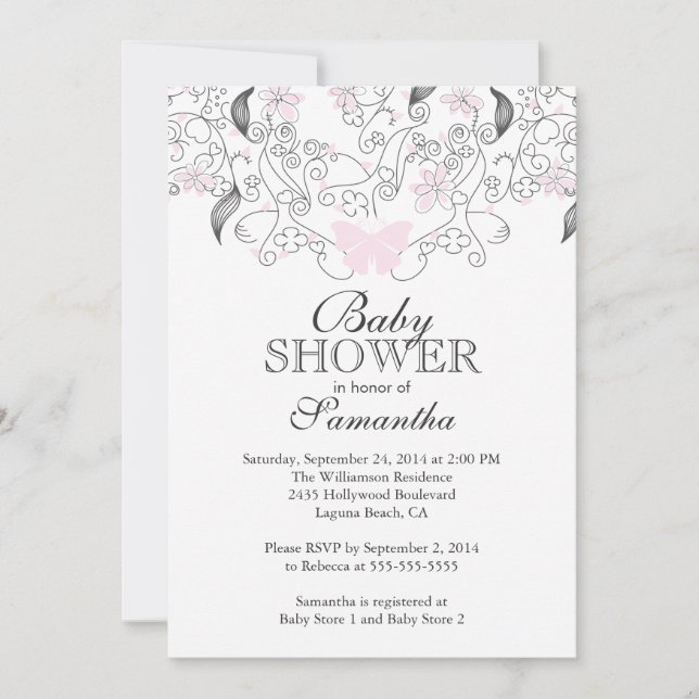 Hübsch Pink Butterfly Baby Girl Baby Dusche Einladung (Vorderseite)