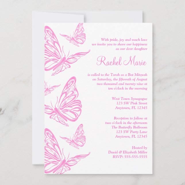 Hübsch Pink Butterfly Bat Mitzvah Einladungen (Vorderseite)