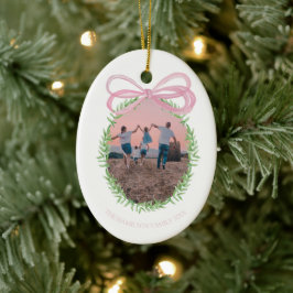 Hübsch Pink Christmas Coquette Bow Kranz Foto Keramik Ornament