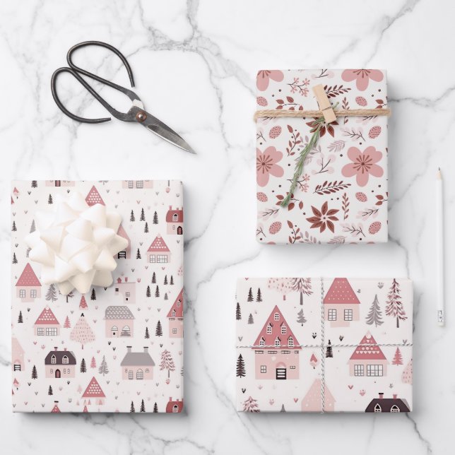 Hübsch Pink Christmas Mix Geschenkpapier Set (Vorderseite)