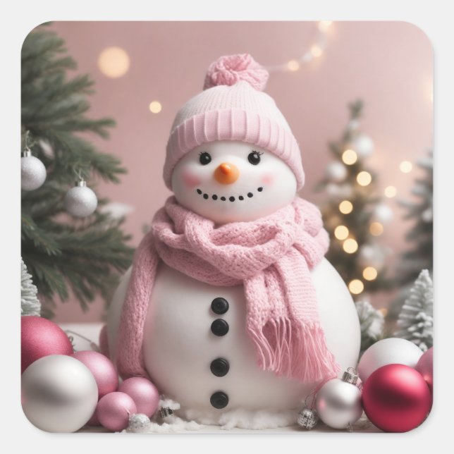 Hübsch Pink Christmas Snowman Quadratischer Aufkleber (Vorderseite)