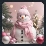 Hübsch Pink Christmas Snowman Quadratischer Aufkleber<br><div class="desc">Hübsch Pink Christmas Snowman</div>