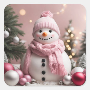 Hübsch Pink Christmas Snowman Quadratischer Aufkleber