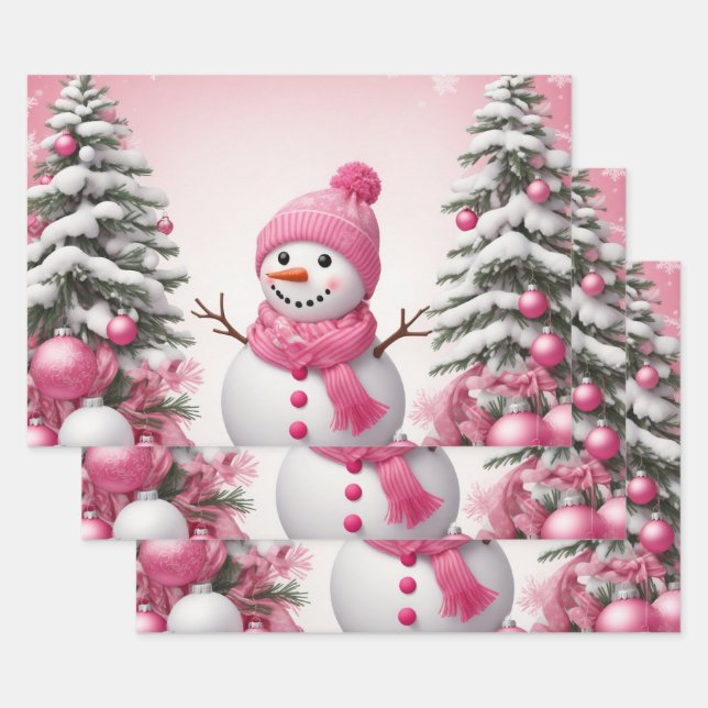 Hübsch Pink Christmas Snowman & Trees Geschenkpapier Set (Set)