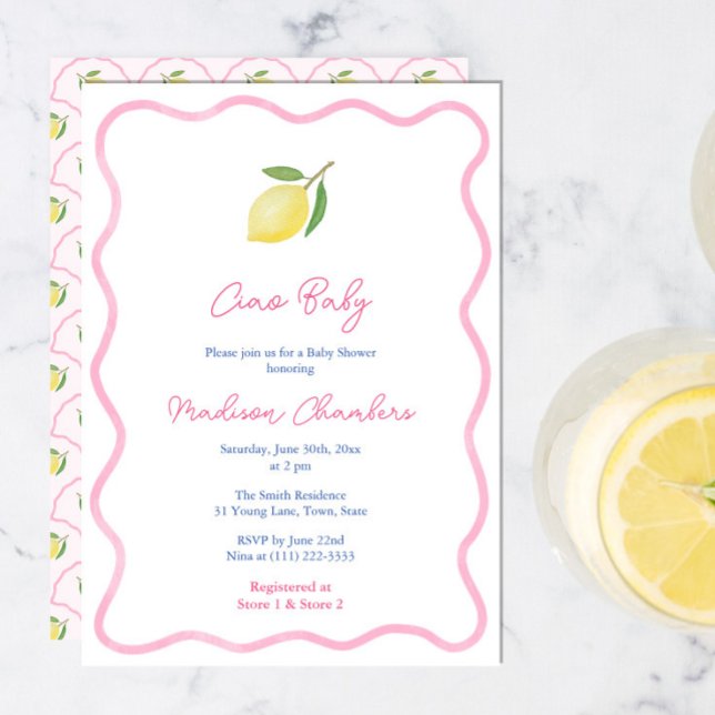 Hübsch Pink Ciao Baby Lemon Girl Babydusche Einladung (Ciao Baby Pretty Pink Wavy border citrus lemons baby shower invite with scallop pattern reverse)