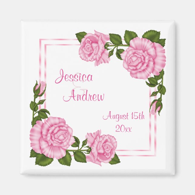 Hübsch Pink Corner Bouquets Hochzeit Magnet (Vorne)