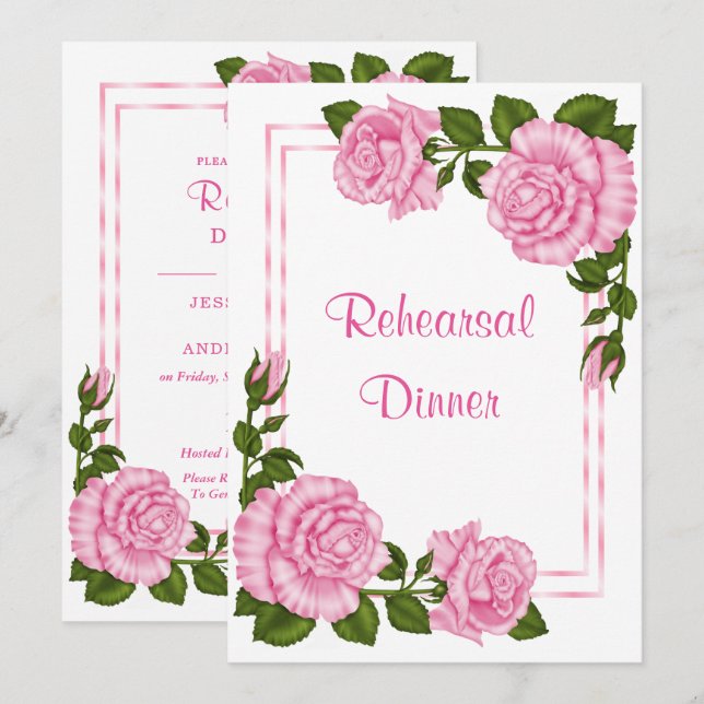 Hübsch Pink Corner Bouquets Probe Abendessen Einladung (Vorne/Hinten)
