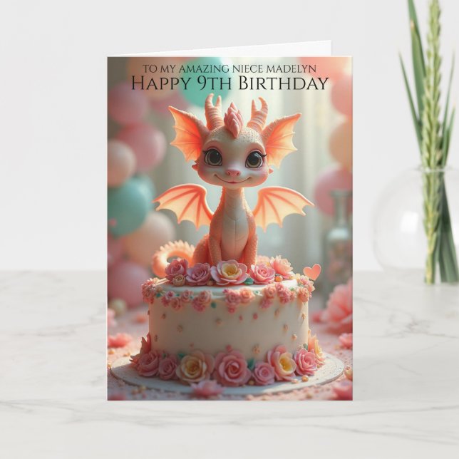 Hübsch Pink Dragon Niece 9. Geburtstag Gruß Karte (Vorderseite)