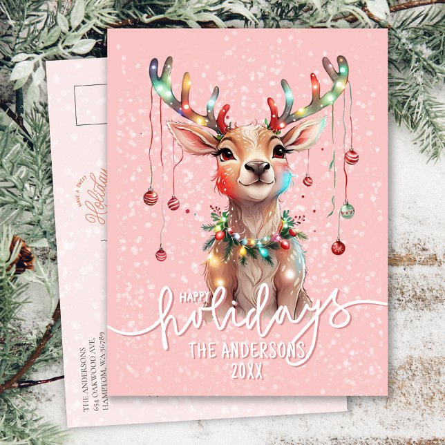 Hübsch Pink Dreamy Rentier und Weihnachtsleuchten Postkarte (Von Creator hochgeladen)