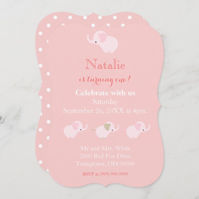 Hübsch Pink Elephants Baby Girl Erster Geburtstag Einladung (Vorne/Hinten)
