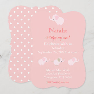 Hübsch Pink Elephants Baby Girl Erster Geburtstag Einladung