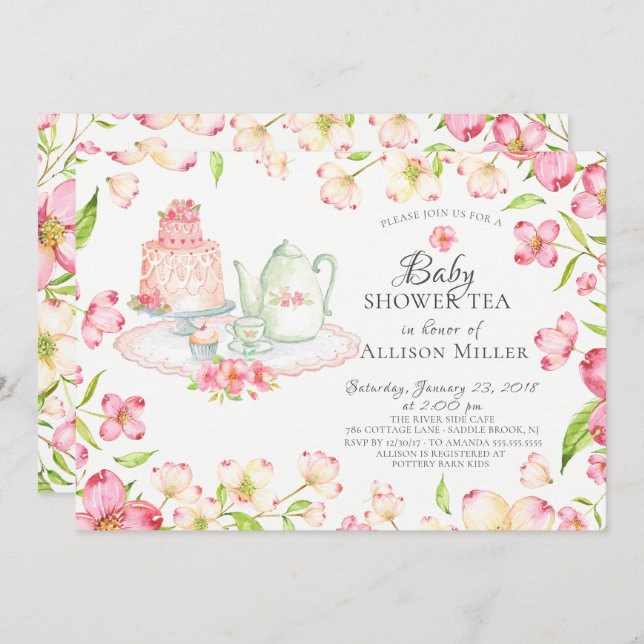 Hübsch Pink Floral Baby Tee Party Einladung (Vorne/Hinten)