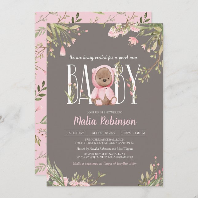Hübsch Pink Floral Boho Teddy Bear Baby Showroom I Einladung (Vorne/Hinten)