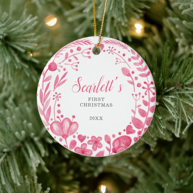 Hübsch Pink Floral Custom Baby's First Christmas Keramik Ornament (Baum)