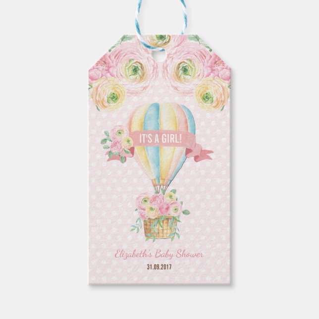 Hübsch Pink Floral Hot Air Ballon Babydusche Geschenkanhänger (Vorderseite)
