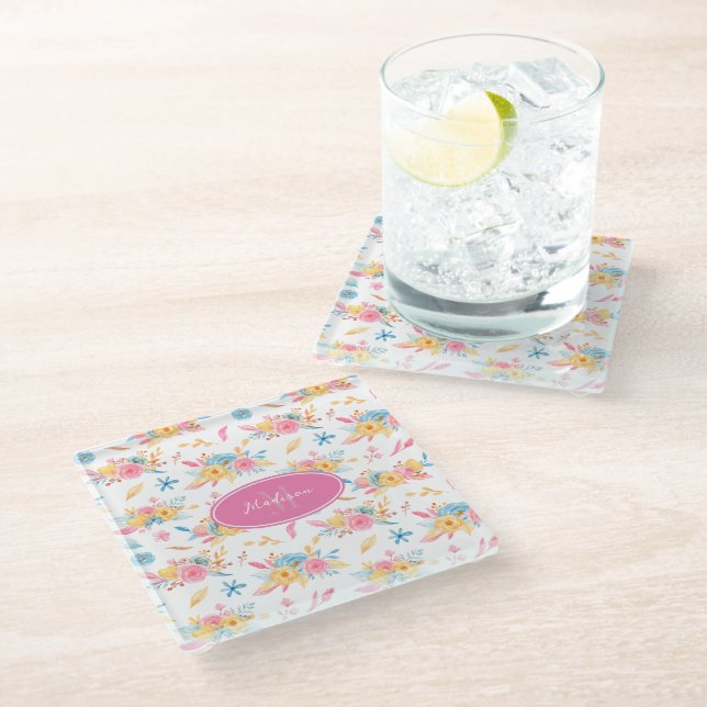 Hübsch Pink Floral Muster Mit Monogramm KItchen Glasuntersetzer (Schrägansicht)