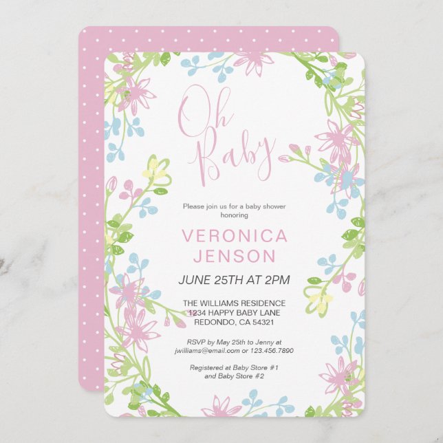 Hübsch Pink Floral Oh Baby Girl Babydusche Einladung (Vorne/Hinten)