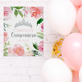 Hübsch Pink Floral Quinceañera Silver Tiara Party Poster