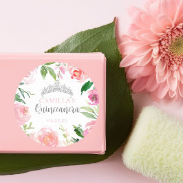 Hübsch Pink Floral Quinceañera Silver Tiara Party Runder Aufkleber