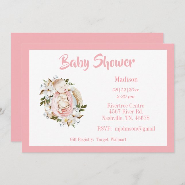 Hübsch Pink Floral Script Girl Baby Dusche Einladung (Vorne/Hinten)