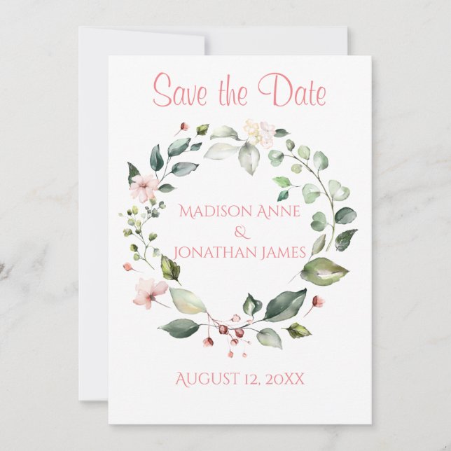 Hübsch Pink Floral Script Wreath Save The Date (Vorderseite)